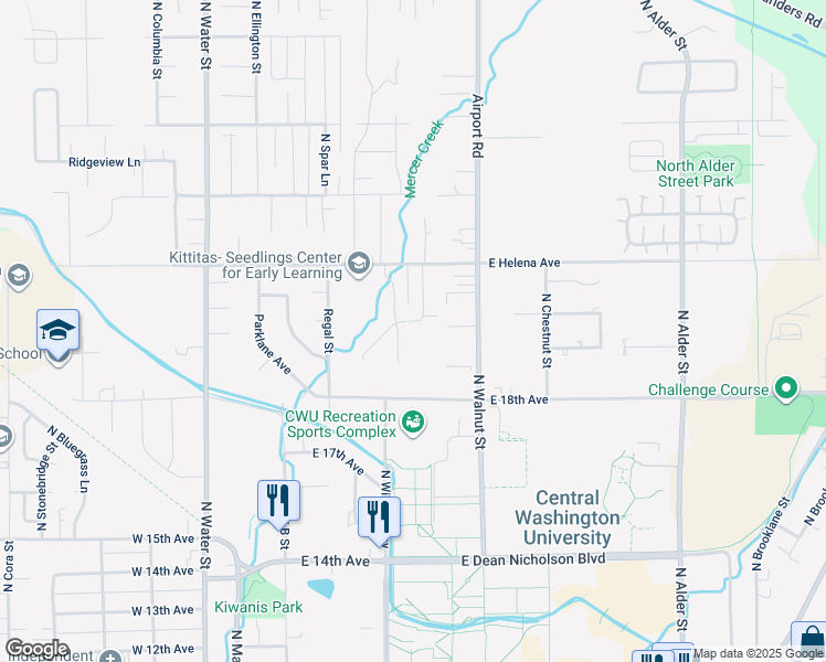 map of restaurants, bars, coffee shops, grocery stores, and more near 300 East Helena Avenue in Ellensburg