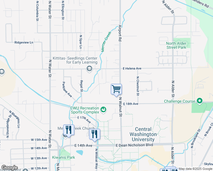 map of restaurants, bars, coffee shops, grocery stores, and more near 404 River Avenue in Ellensburg