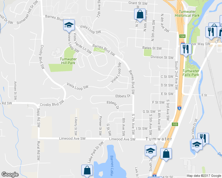 map of restaurants, bars, coffee shops, grocery stores, and more near 1546 Rock Creek Lane Southwest in Olympia