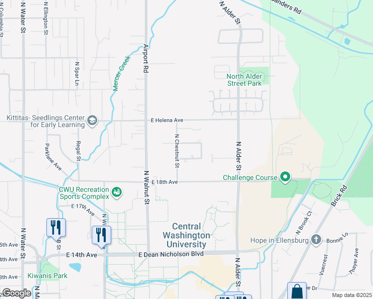 map of restaurants, bars, coffee shops, grocery stores, and more near 801 East White Birch Avenue in Ellensburg