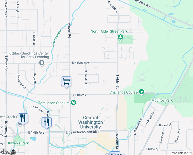 map of restaurants, bars, coffee shops, grocery stores, and more near 903 East White Birch Avenue in Ellensburg