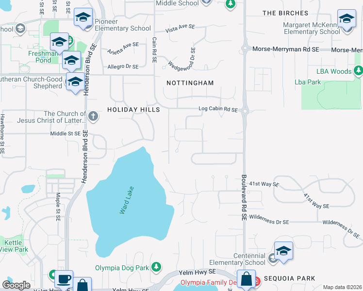 map of restaurants, bars, coffee shops, grocery stores, and more near 3806 Darian Street Southeast in Olympia