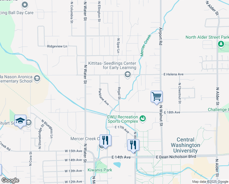 map of restaurants, bars, coffee shops, grocery stores, and more near 110 East Queen Place in Ellensburg