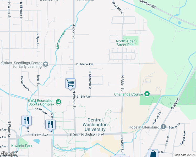 map of restaurants, bars, coffee shops, grocery stores, and more near 903 East White Birch Avenue in Ellensburg