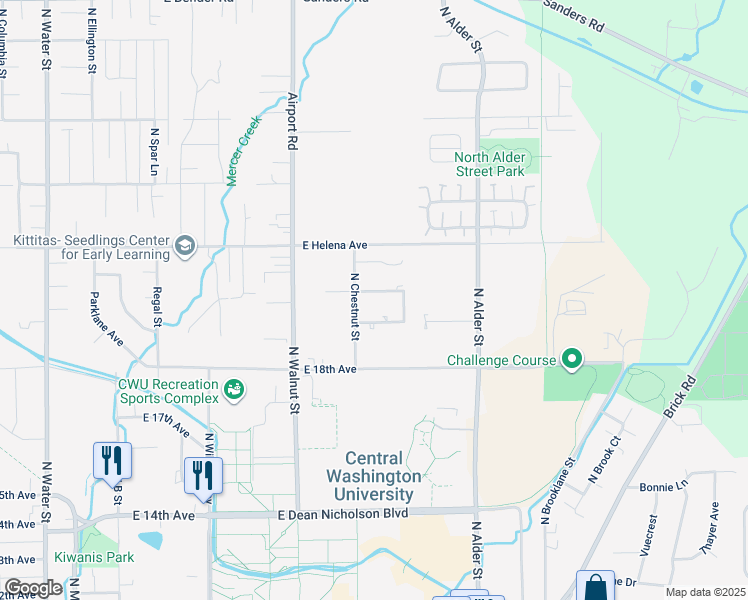 map of restaurants, bars, coffee shops, grocery stores, and more near 801 East White Birch Avenue in Ellensburg