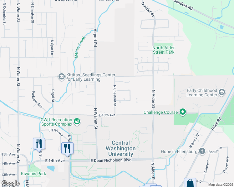 map of restaurants, bars, coffee shops, grocery stores, and more near 801 East White Birch Avenue in Ellensburg