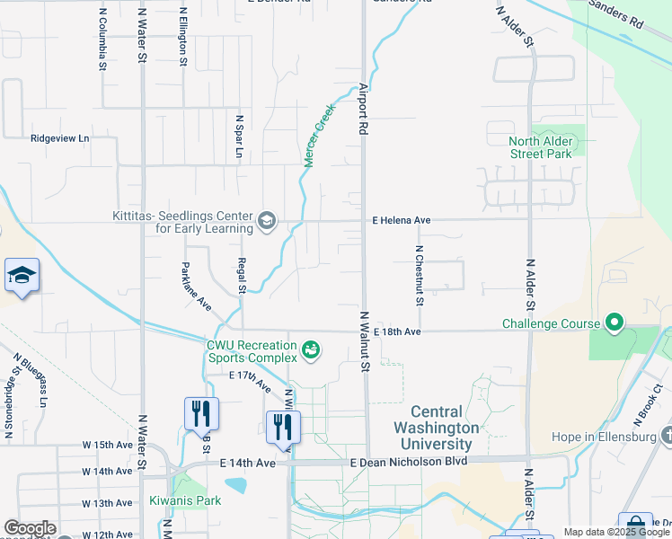 map of restaurants, bars, coffee shops, grocery stores, and more near 2104 Yellowstone Street in Ellensburg