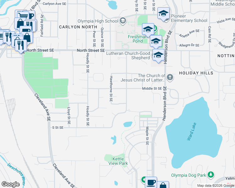 map of restaurants, bars, coffee shops, grocery stores, and more near 1210 Middle Street Southeast in Tumwater
