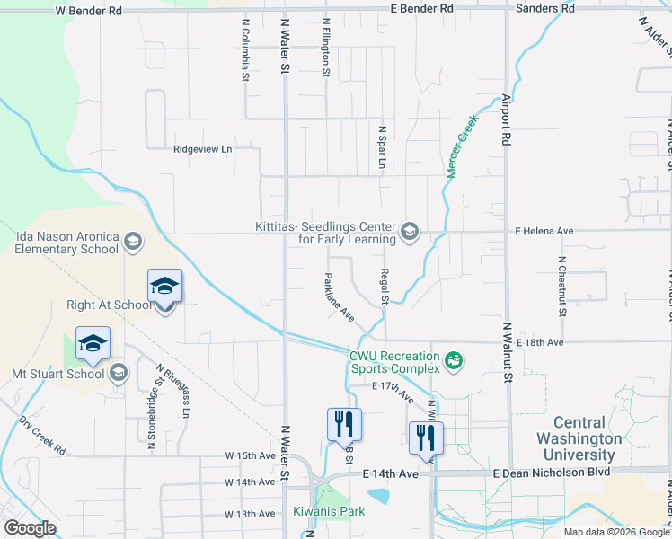 map of restaurants, bars, coffee shops, grocery stores, and more near 2017 Green Parks Drive in Ellensburg
