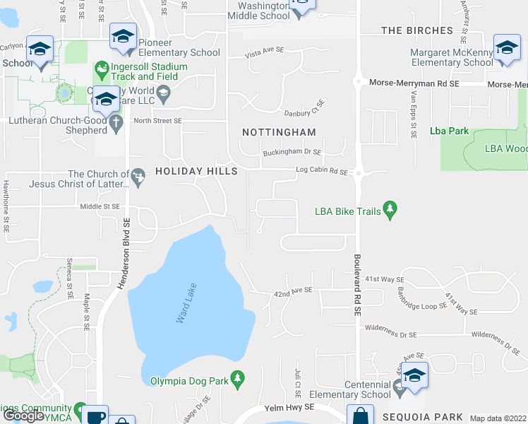 map of restaurants, bars, coffee shops, grocery stores, and more near 2124 Lakewood Drive Southeast in Olympia