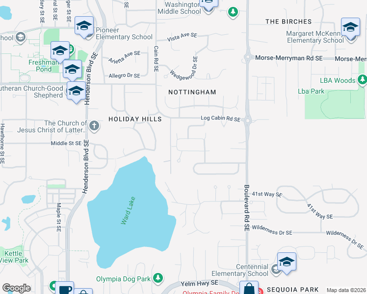 map of restaurants, bars, coffee shops, grocery stores, and more near 3806 Darian Street Southeast in Olympia