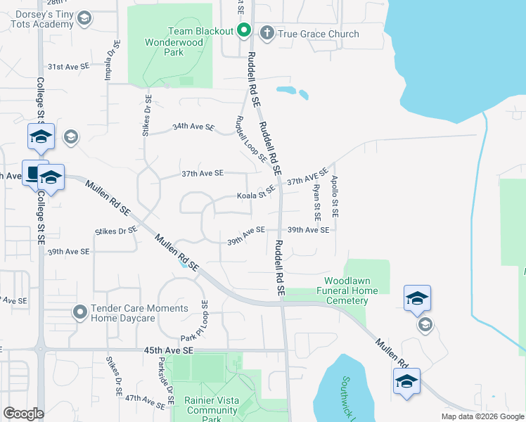 map of restaurants, bars, coffee shops, grocery stores, and more near 3747 Ruddell Road Southeast in Lacey