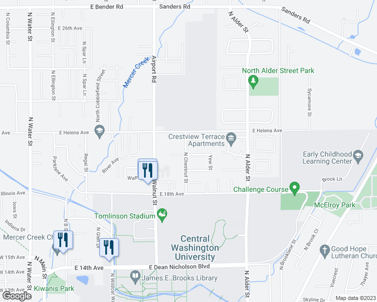 map of restaurants, bars, coffee shops, grocery stores, and more near 801 East White Birch Avenue in Ellensburg