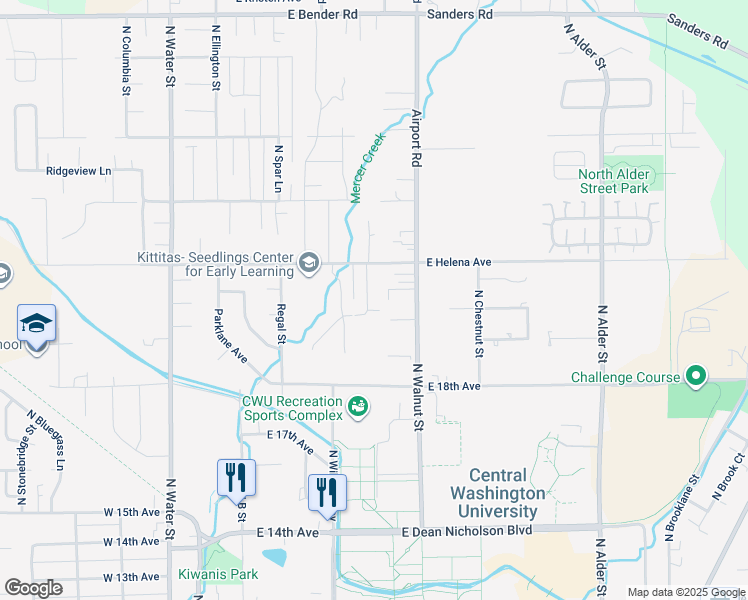 map of restaurants, bars, coffee shops, grocery stores, and more near 2104 Yellowstone Street in Ellensburg