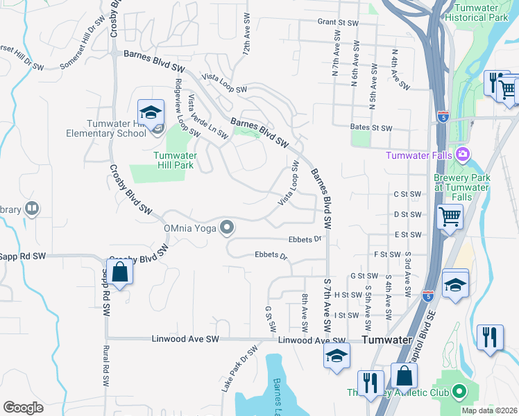 map of restaurants, bars, coffee shops, grocery stores, and more near 1712 Skyline Ridge Lane Southwest in Tumwater