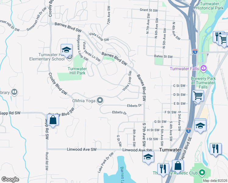 map of restaurants, bars, coffee shops, grocery stores, and more near 1712 Skyline Ridge Lane Southwest in Tumwater