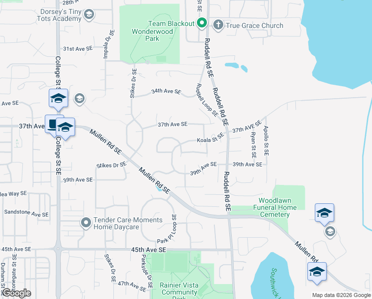 map of restaurants, bars, coffee shops, grocery stores, and more near 5504 Cricket Lane Southeast in Lacey
