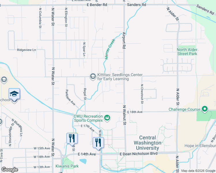 map of restaurants, bars, coffee shops, grocery stores, and more near 2105 Yellowstone Street in Ellensburg