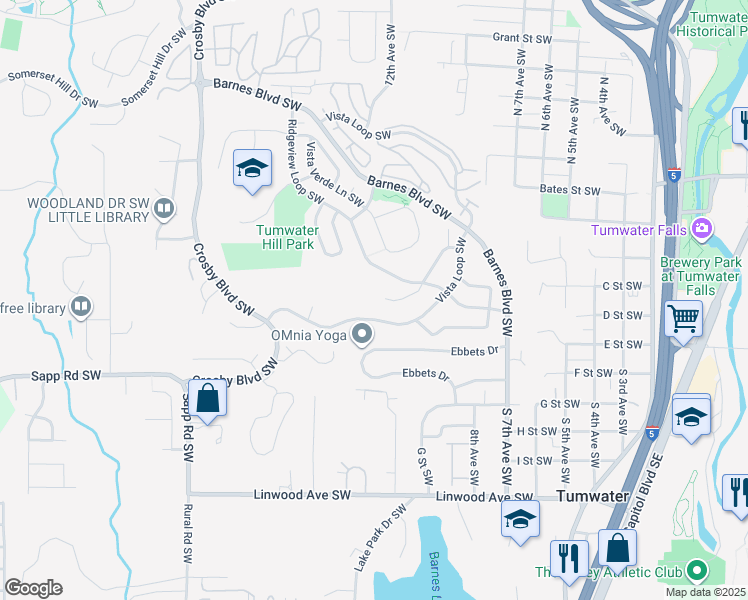 map of restaurants, bars, coffee shops, grocery stores, and more near 1752 Skyline Ridge Lane Southwest in Tumwater
