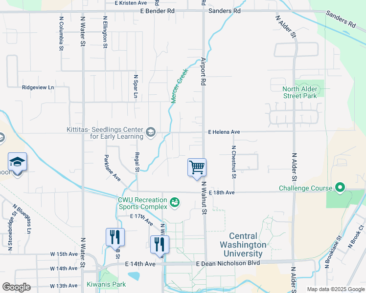 map of restaurants, bars, coffee shops, grocery stores, and more near 2104 Yellowstone Street in Ellensburg