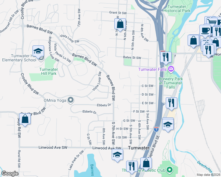 map of restaurants, bars, coffee shops, grocery stores, and more near 1320 Sunrise Vista Lane Southwest in Tumwater