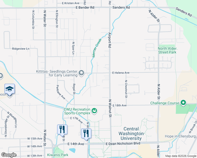 map of restaurants, bars, coffee shops, grocery stores, and more near 2108 Yellowstone Street in Ellensburg