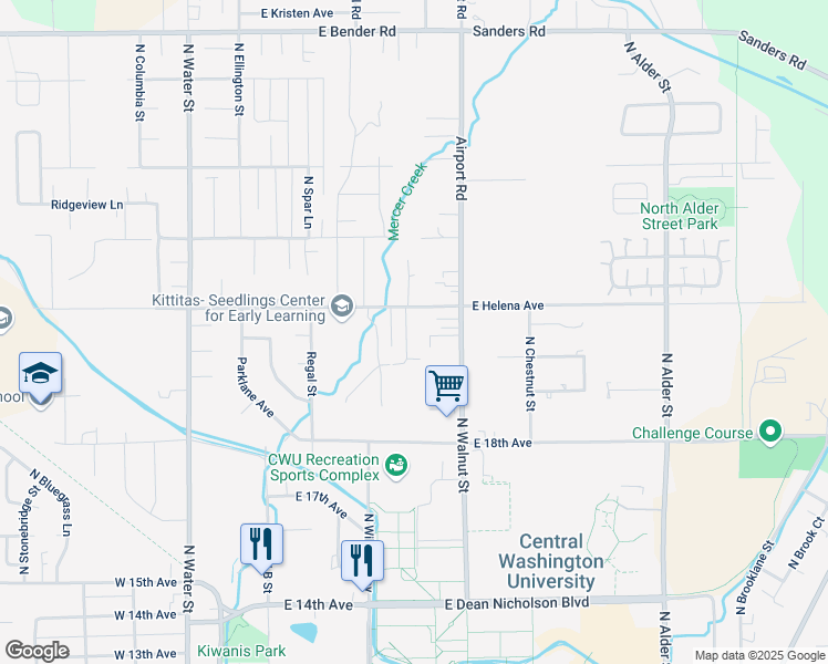 map of restaurants, bars, coffee shops, grocery stores, and more near 2104 Yellowstone Street in Ellensburg