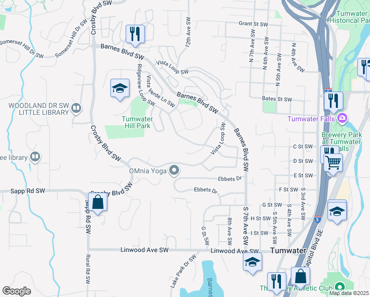 map of restaurants, bars, coffee shops, grocery stores, and more near 1752 Skyline Ridge Lane Southwest in Tumwater