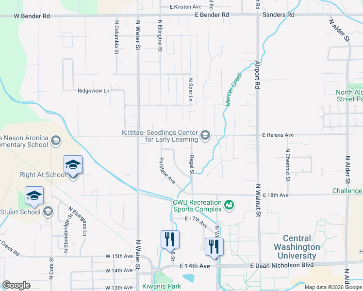 map of restaurants, bars, coffee shops, grocery stores, and more near 107 East King Place in Ellensburg