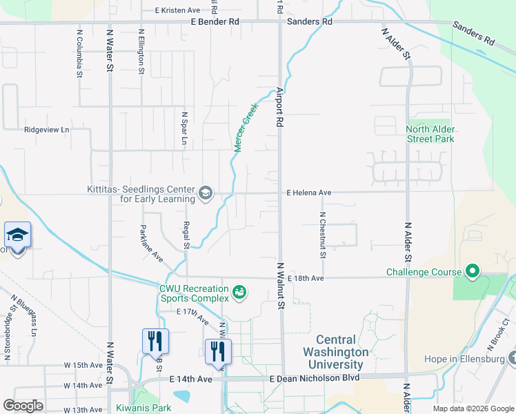 map of restaurants, bars, coffee shops, grocery stores, and more near 2104 Yellowstone Street in Ellensburg