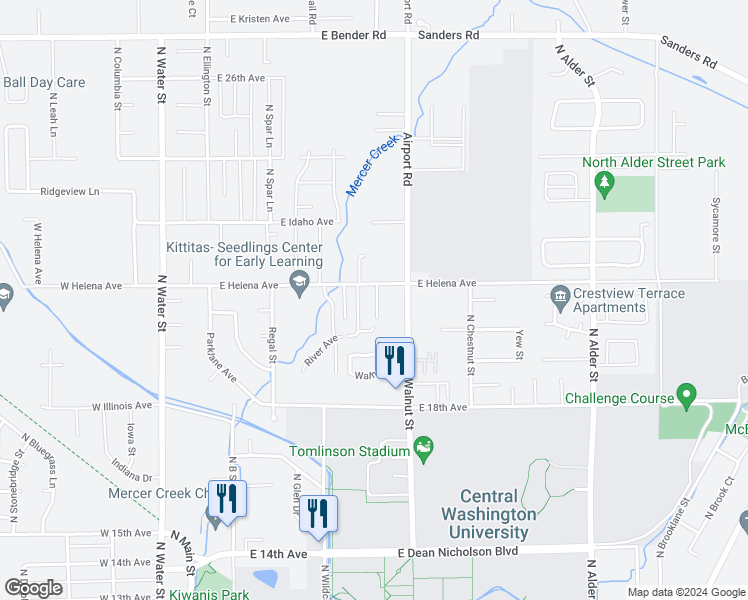 map of restaurants, bars, coffee shops, grocery stores, and more near 2104 Yellowstone Street in Ellensburg