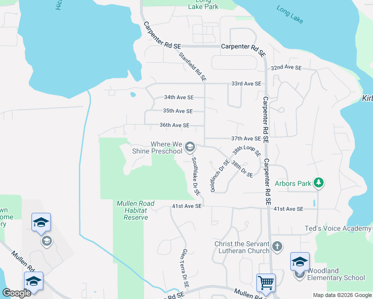 map of restaurants, bars, coffee shops, grocery stores, and more near 3816 Southlake Drive Southeast in Lacey