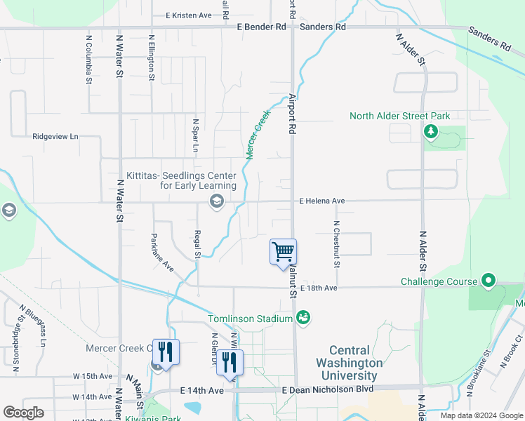 map of restaurants, bars, coffee shops, grocery stores, and more near 2104 Yellowstone Street in Ellensburg