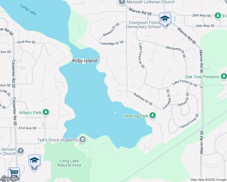 map of restaurants, bars, coffee shops, grocery stores, and more near 3611 Walthew Drive Southeast in Olympia