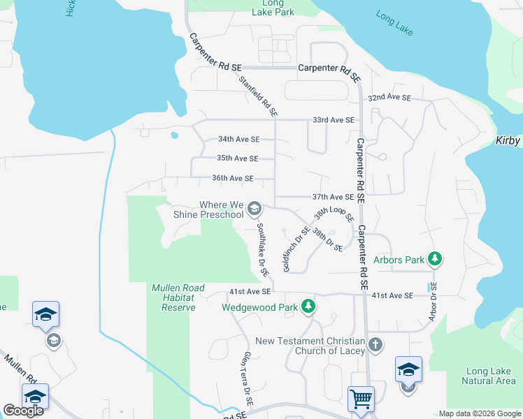 map of restaurants, bars, coffee shops, grocery stores, and more near 3800 Southlake Drive Southeast in Lacey