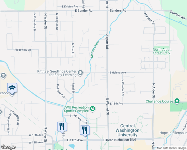 map of restaurants, bars, coffee shops, grocery stores, and more near 2104 Yellowstone Street in Ellensburg