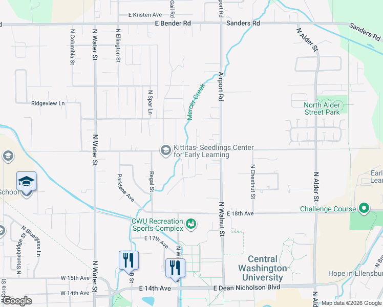 map of restaurants, bars, coffee shops, grocery stores, and more near 2204 Brooksfield Street in Ellensburg