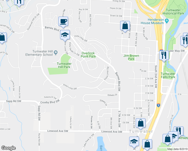 map of restaurants, bars, coffee shops, grocery stores, and more near 3235 Vista Verde Lane Southwest in Olympia