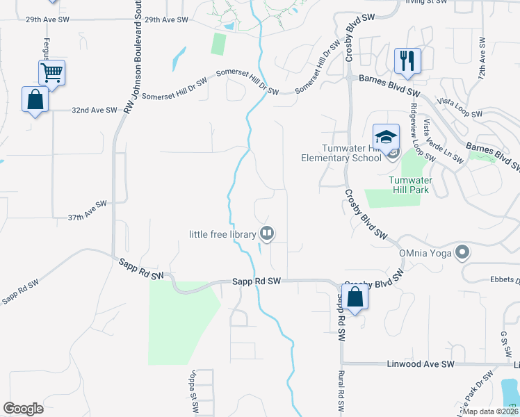 map of restaurants, bars, coffee shops, grocery stores, and more near 3547 Cassie Drive Southwest in Tumwater