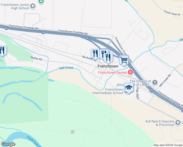 map of restaurants, bars, coffee shops, grocery stores, and more near 23500 Mullan Rd in Frenchtown