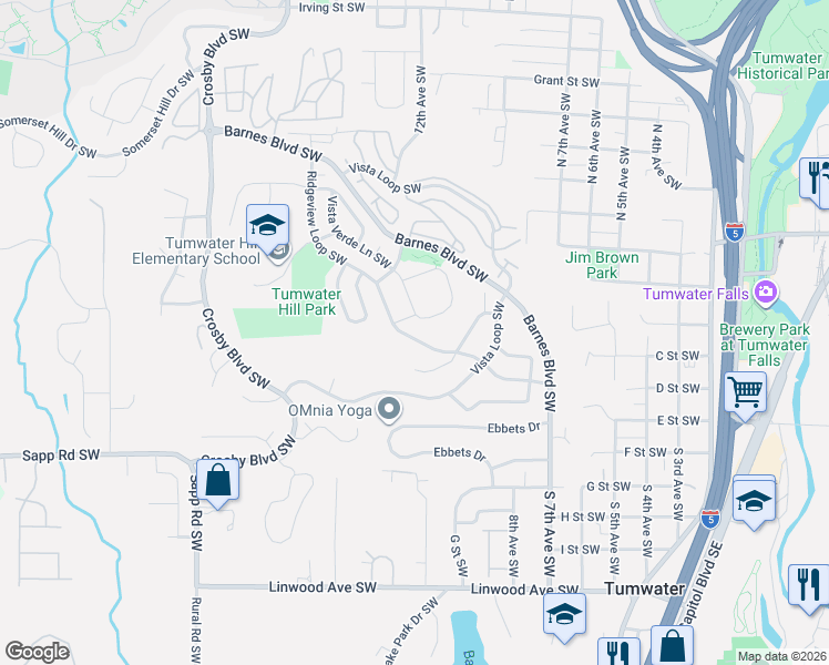 map of restaurants, bars, coffee shops, grocery stores, and more near 3235 Vista Verde Lane Southwest in Olympia