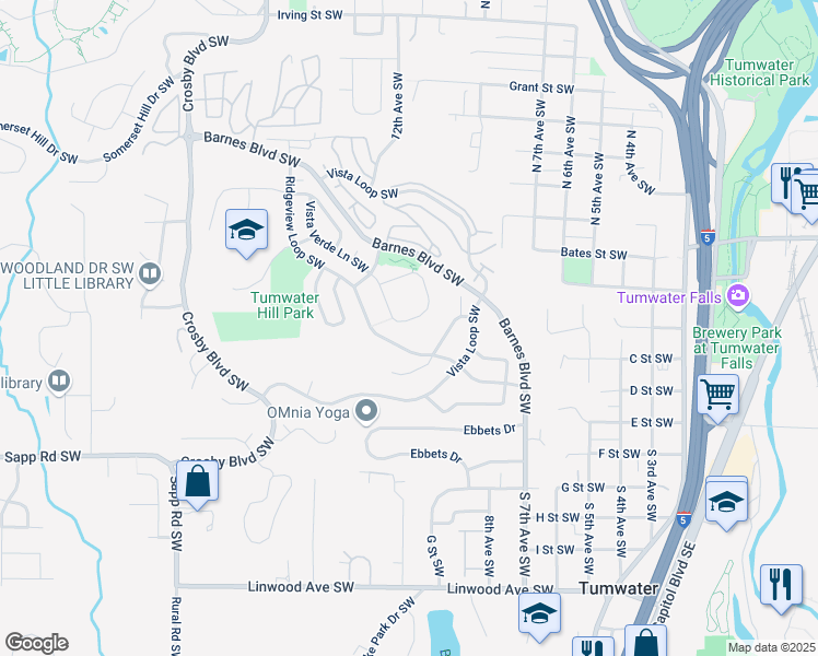 map of restaurants, bars, coffee shops, grocery stores, and more near 3235 Vista Verde Lane Southwest in Olympia