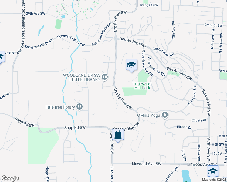 map of restaurants, bars, coffee shops, grocery stores, and more near 3216 Crosby Boulevard Southwest in Tumwater