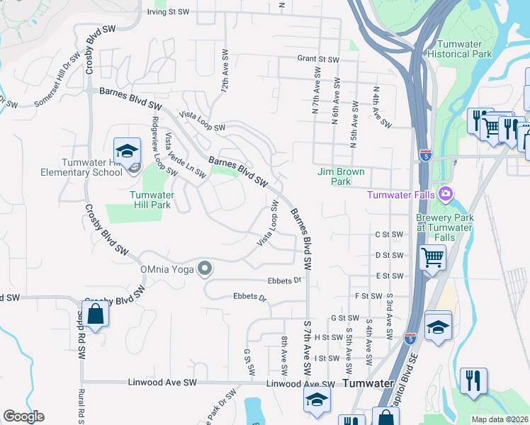 map of restaurants, bars, coffee shops, grocery stores, and more near 1491 Skyline Ridge Lane Southwest in Tumwater