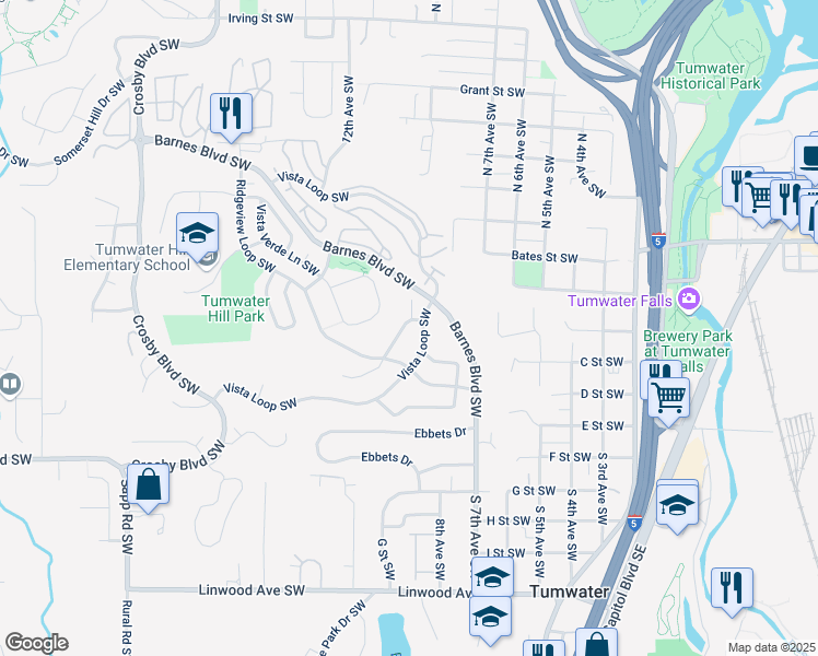 map of restaurants, bars, coffee shops, grocery stores, and more near 1491 Skyline Ridge Lane Southwest in Tumwater