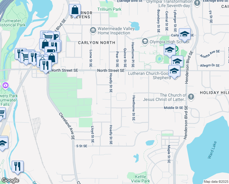 map of restaurants, bars, coffee shops, grocery stores, and more near 3702 Hoadly Loop Southeast in Tumwater
