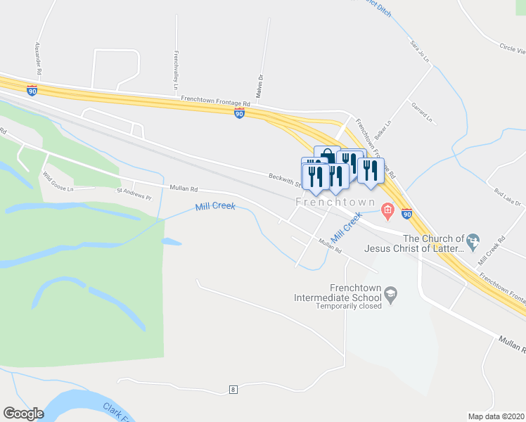 map of restaurants, bars, coffee shops, grocery stores, and more near 16995 Mullan Road in Frenchtown