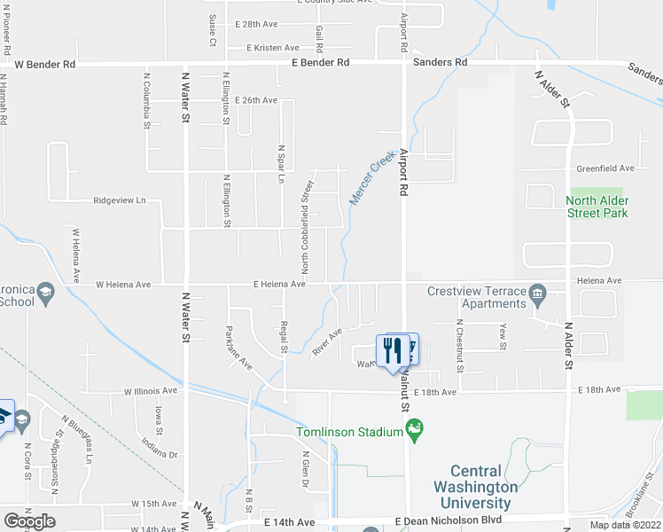 map of restaurants, bars, coffee shops, grocery stores, and more near 2204 Brooksfield Street in Ellensburg
