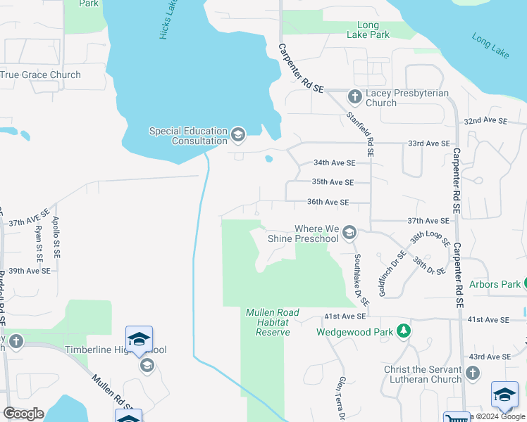 map of restaurants, bars, coffee shops, grocery stores, and more near 6707 36th Avenue Southeast in Lacey