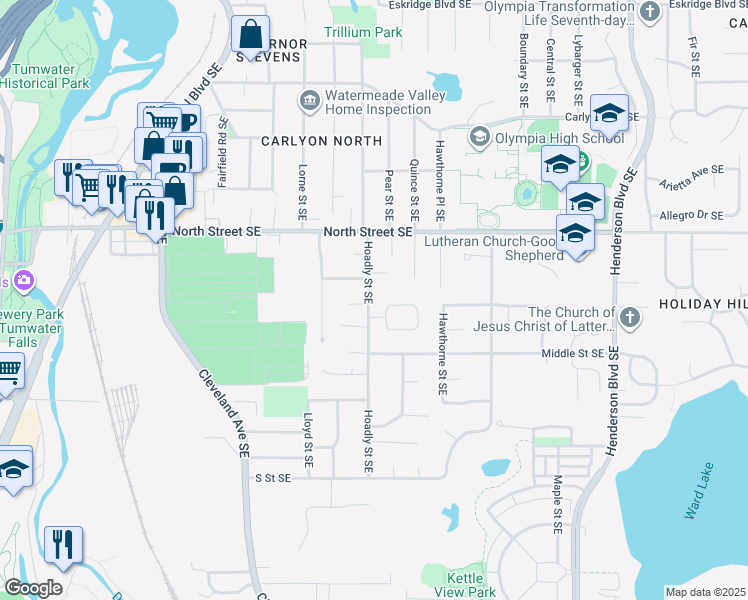 map of restaurants, bars, coffee shops, grocery stores, and more near 3622 Hoadly Loop Southeast in Tumwater